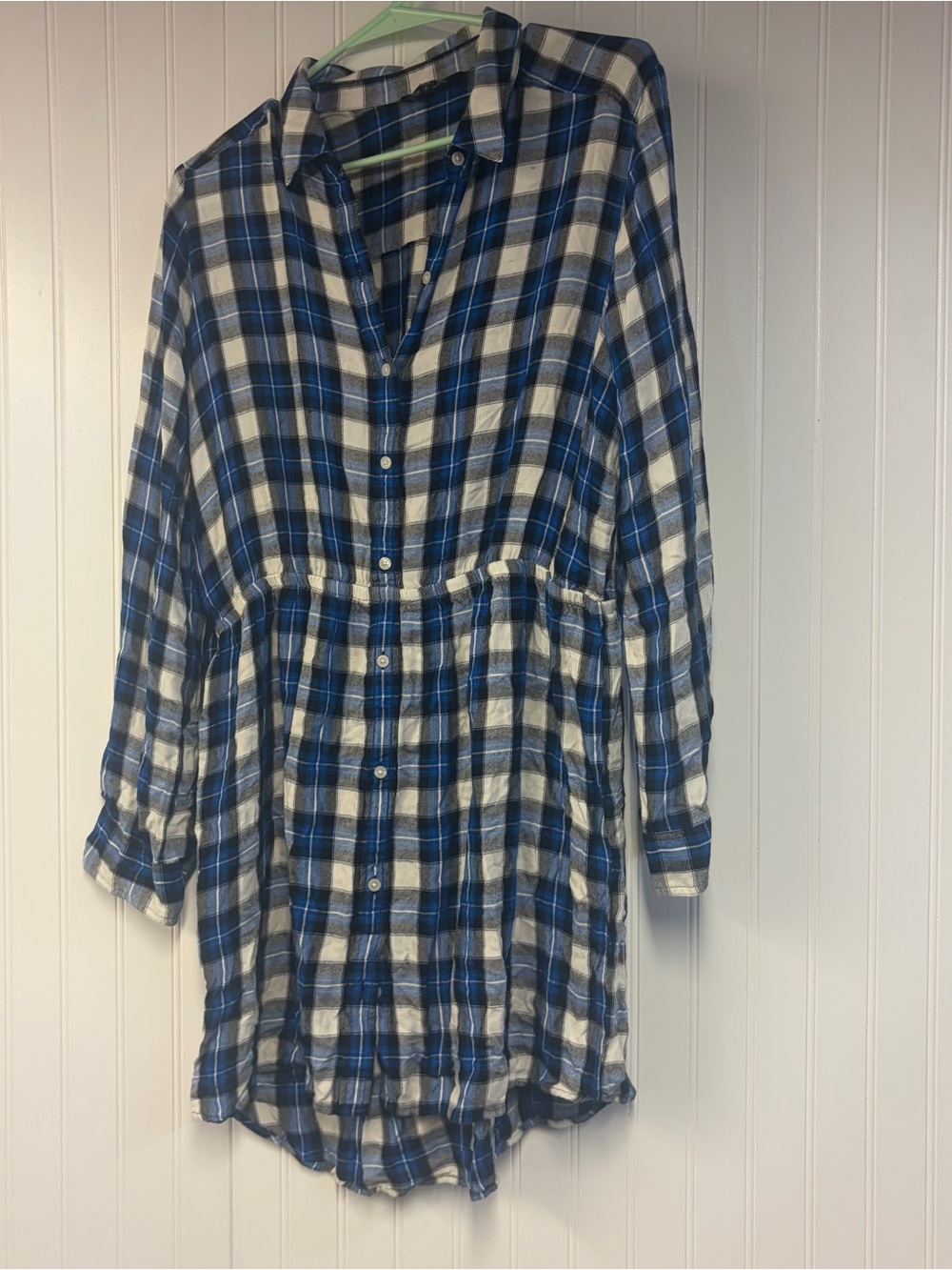Express Blue and White Plaid Button-Front Shirt Dress Large